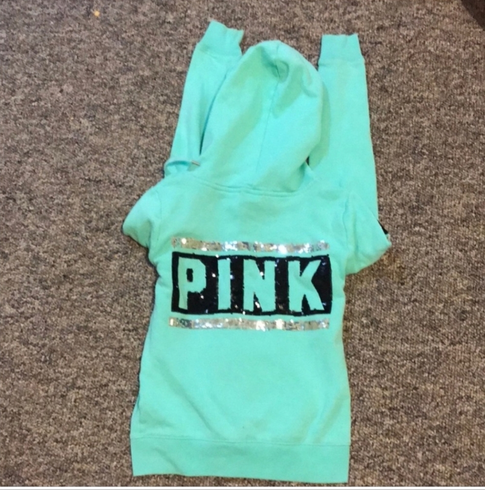 PINK Victoria's Secret Green Hoodie Sweatshirt with Black Accents